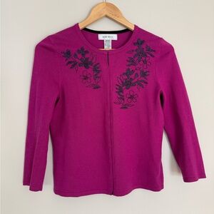 Vintage Nine West Fuchsia Cardigan Sweater Floral Embroidery Beading Silk Blend